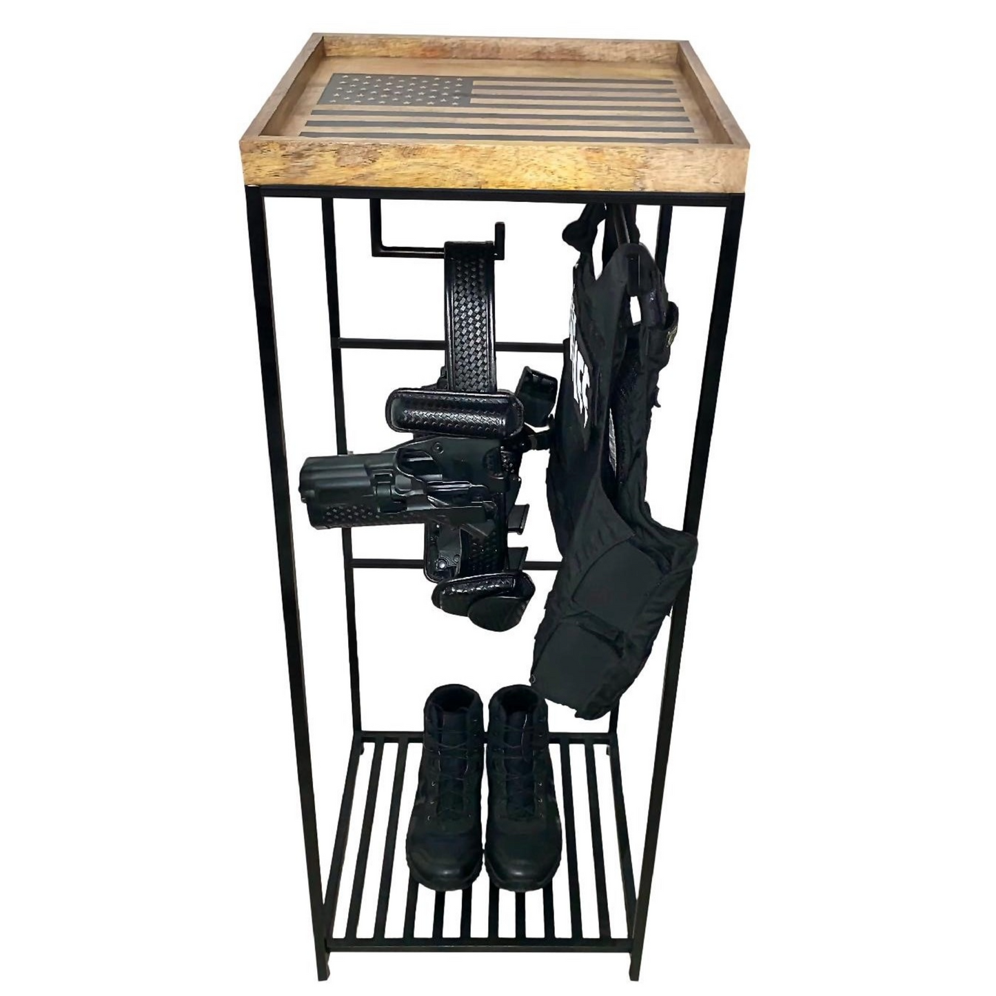American Flag tactical gear rack with police duty belt and law enforcement belt.