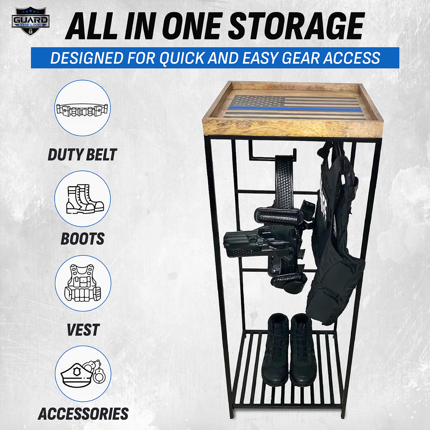 Police gear rack holding tactical duty belt and law enforcement belt.