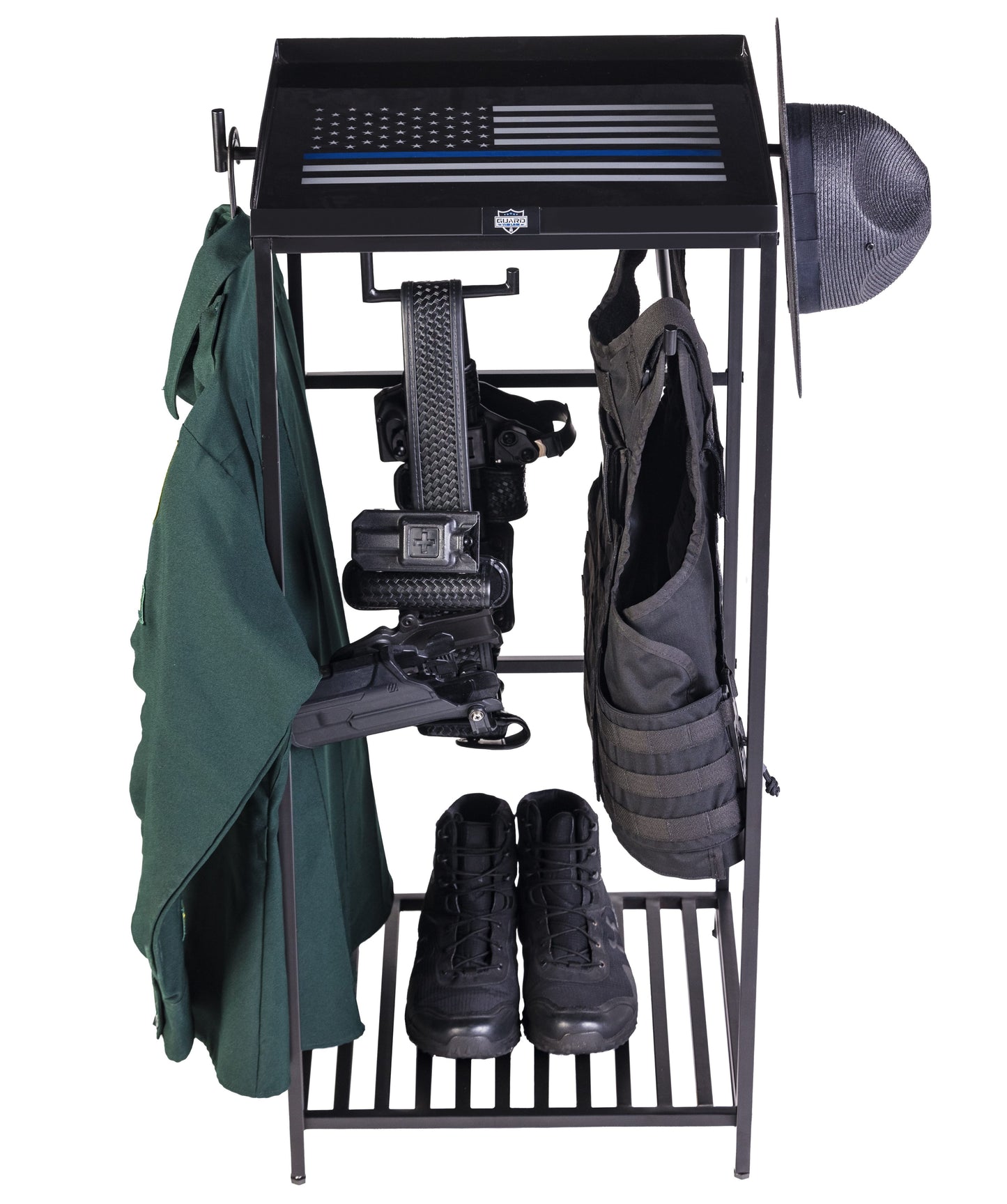 Police gear rack for storing law enforcement and tactical gear. Able to hold a duty belt, police vest, police uniform, and boots.