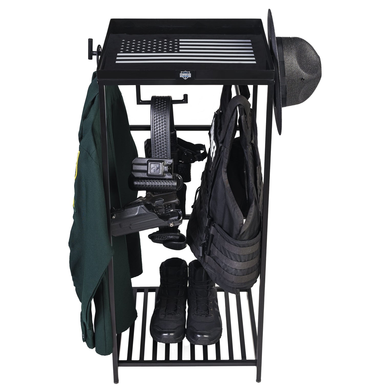 Law enforcement gear rack with American flag artwork and hooks.