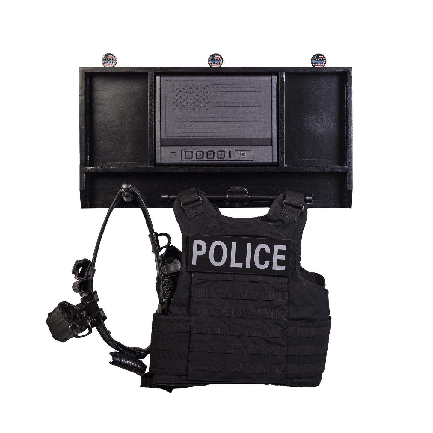 Wall mounted police vest carrier designed for secure and easy uniform storage