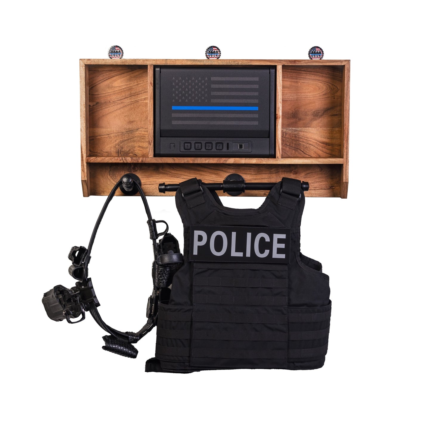 Thin blue line police safe tactical gear rack. The wall rack can hold a duty belt and duty vest