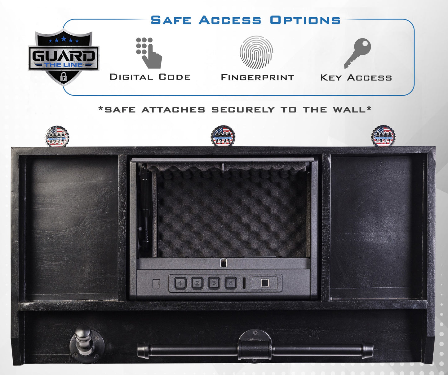 The police safe has three ways to access it, digital code, fingerprint, and key access.