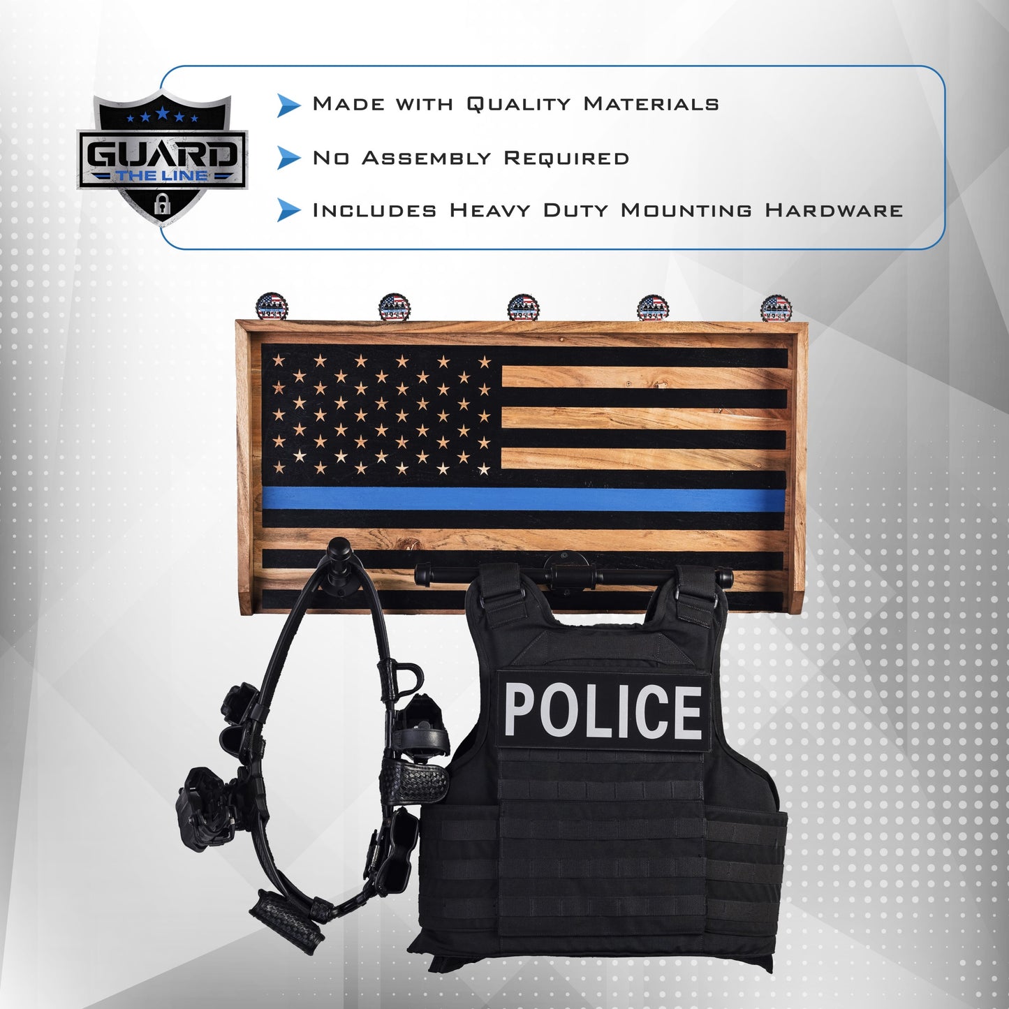 guard the line police gear wall rack with duty vest and duty belt