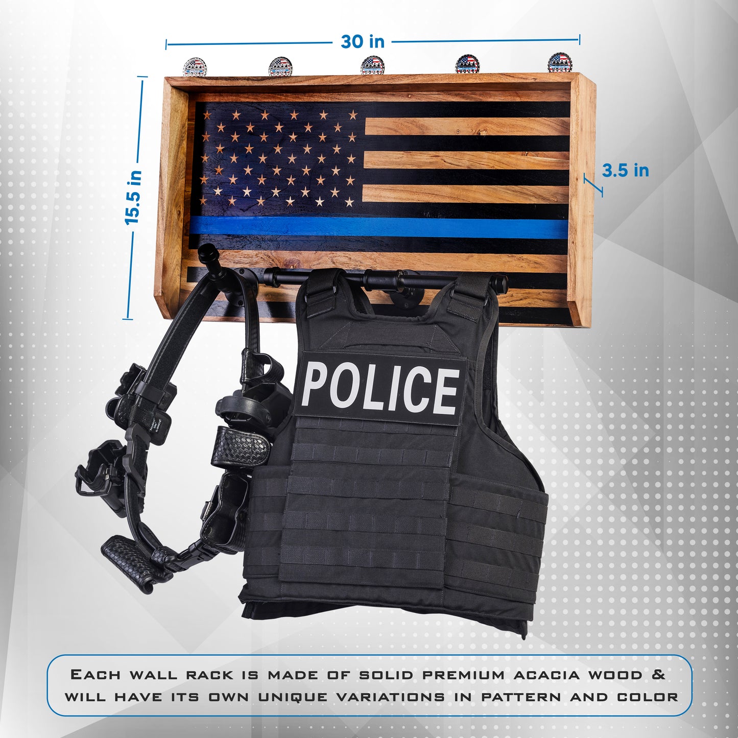 Police gear wall rack with thin blue line
