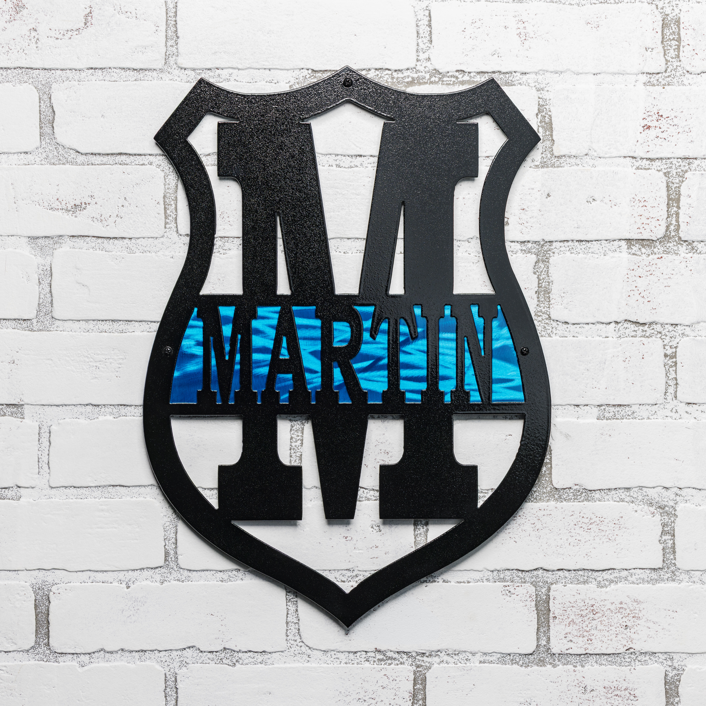 Personalized thin blue line monogram badge sign made from steel with custom police decor styling