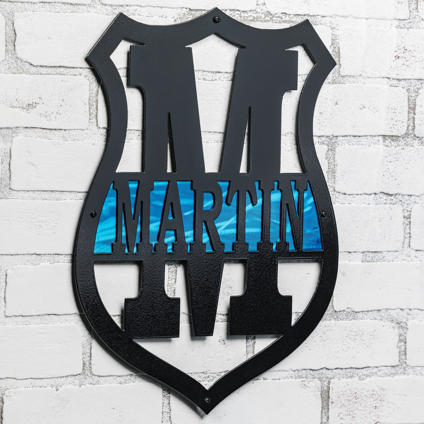 Custom law enforcement wall art featuring a metallic thin blue line background and personalized name design