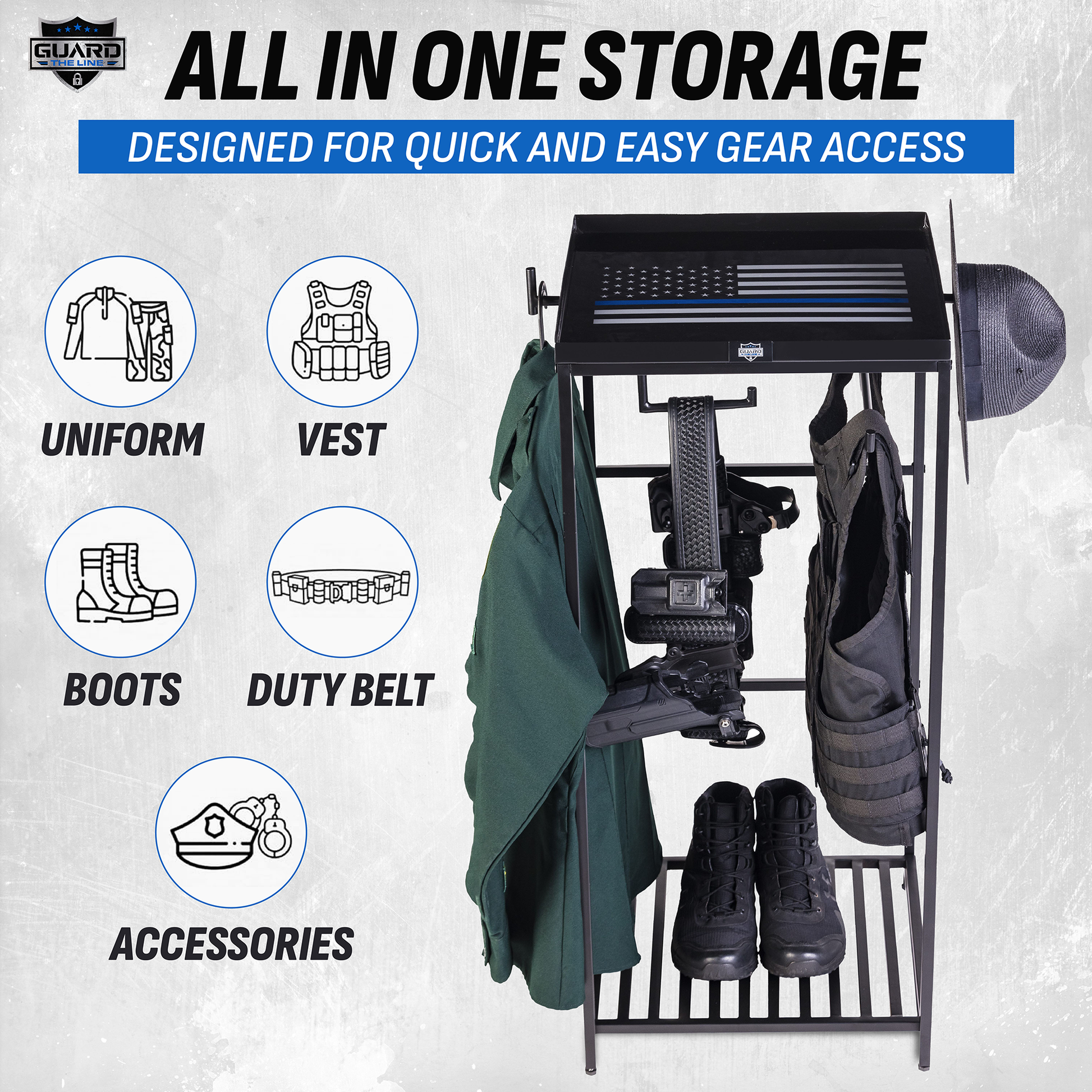 Tactical gear stand for storing patrol belt, duty vest and law enforcement equipment.