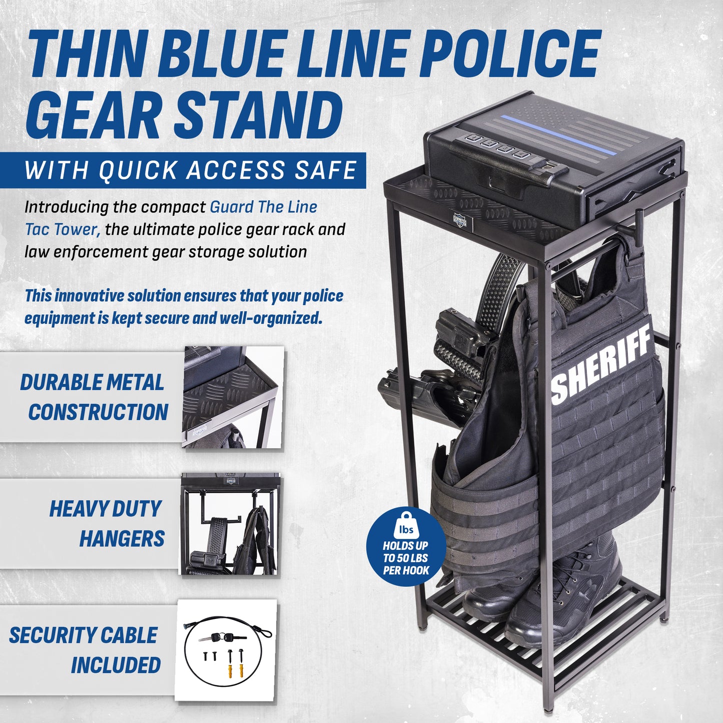 Police gear holder with hooks for organizing duty belts and vests