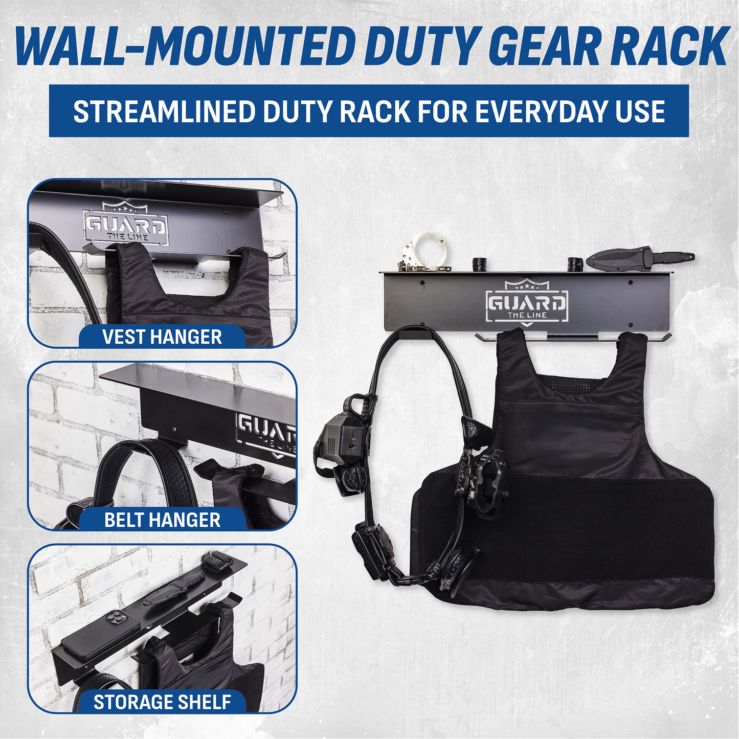 Law enforcement gear rack mounted on drywall, showcasing sturdy construction and clean design