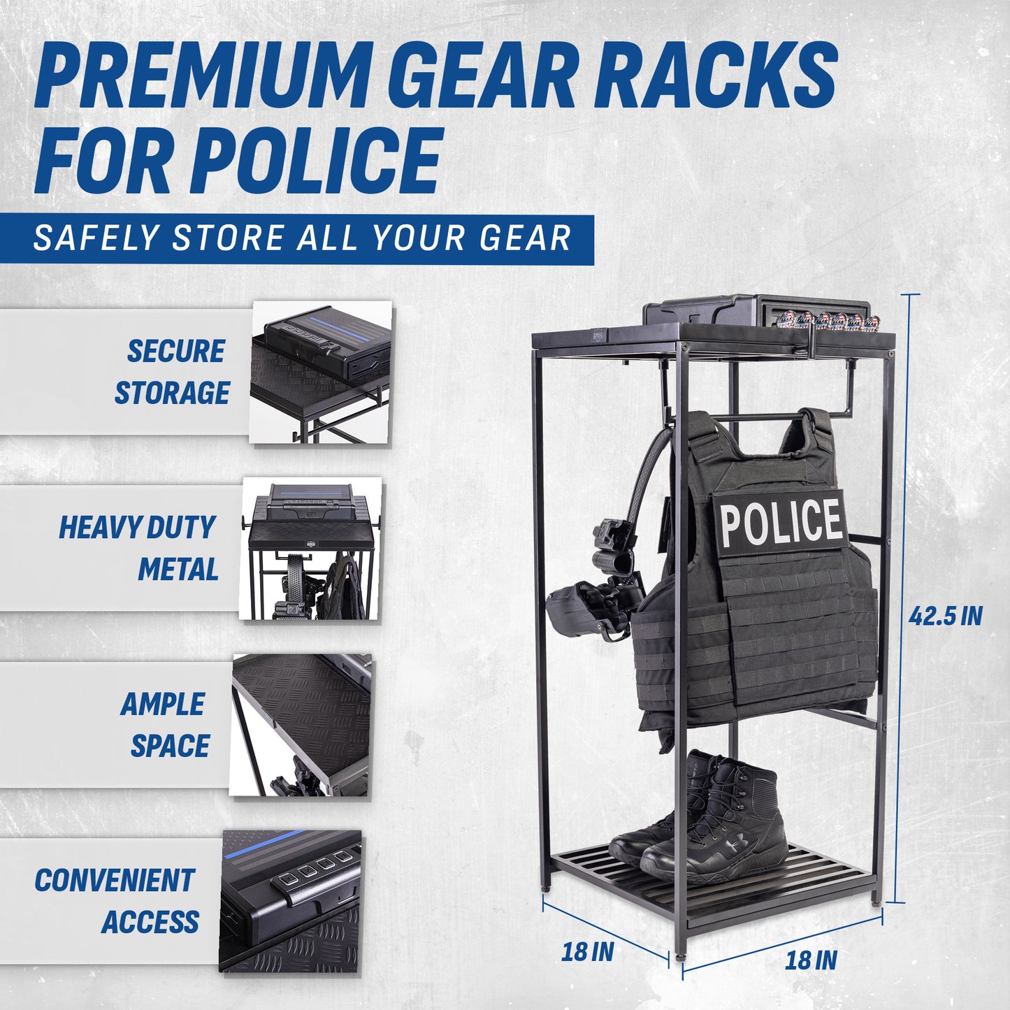 Heavy-duty police gear stand for holding tactical equipment and vests.
