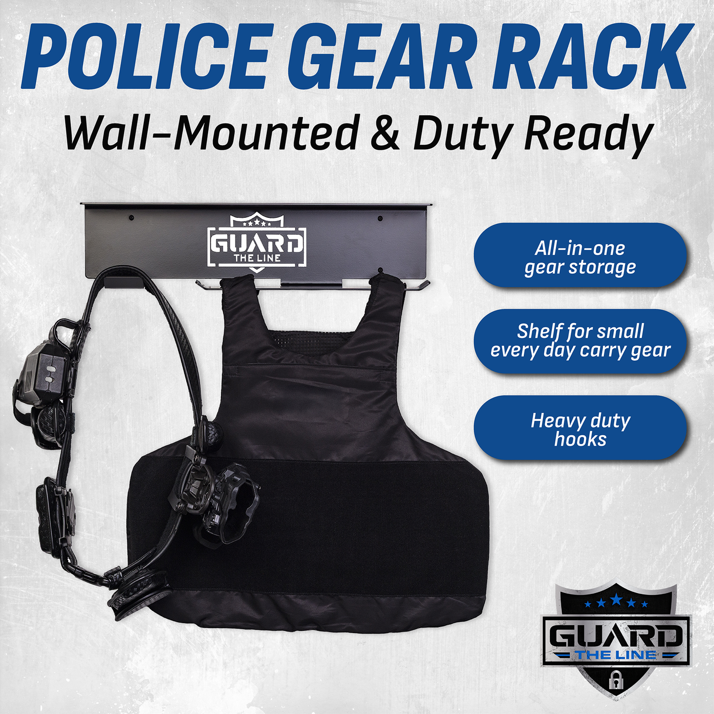 Police vest hanger with two hooks rated for 100 lb, supporting body armor and tactical gear