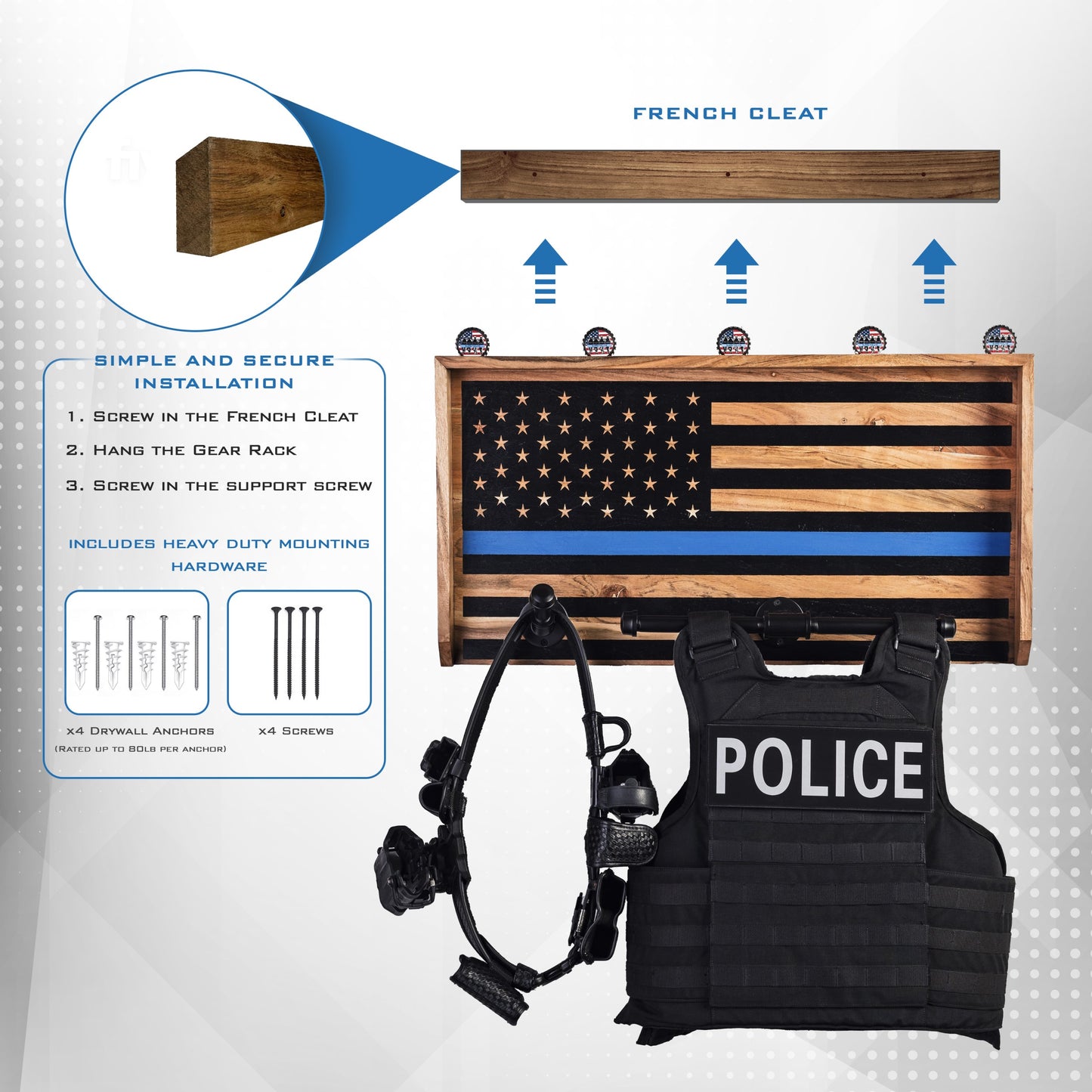 Guard The Line tactical wall rack with body armor vest and patrol belt