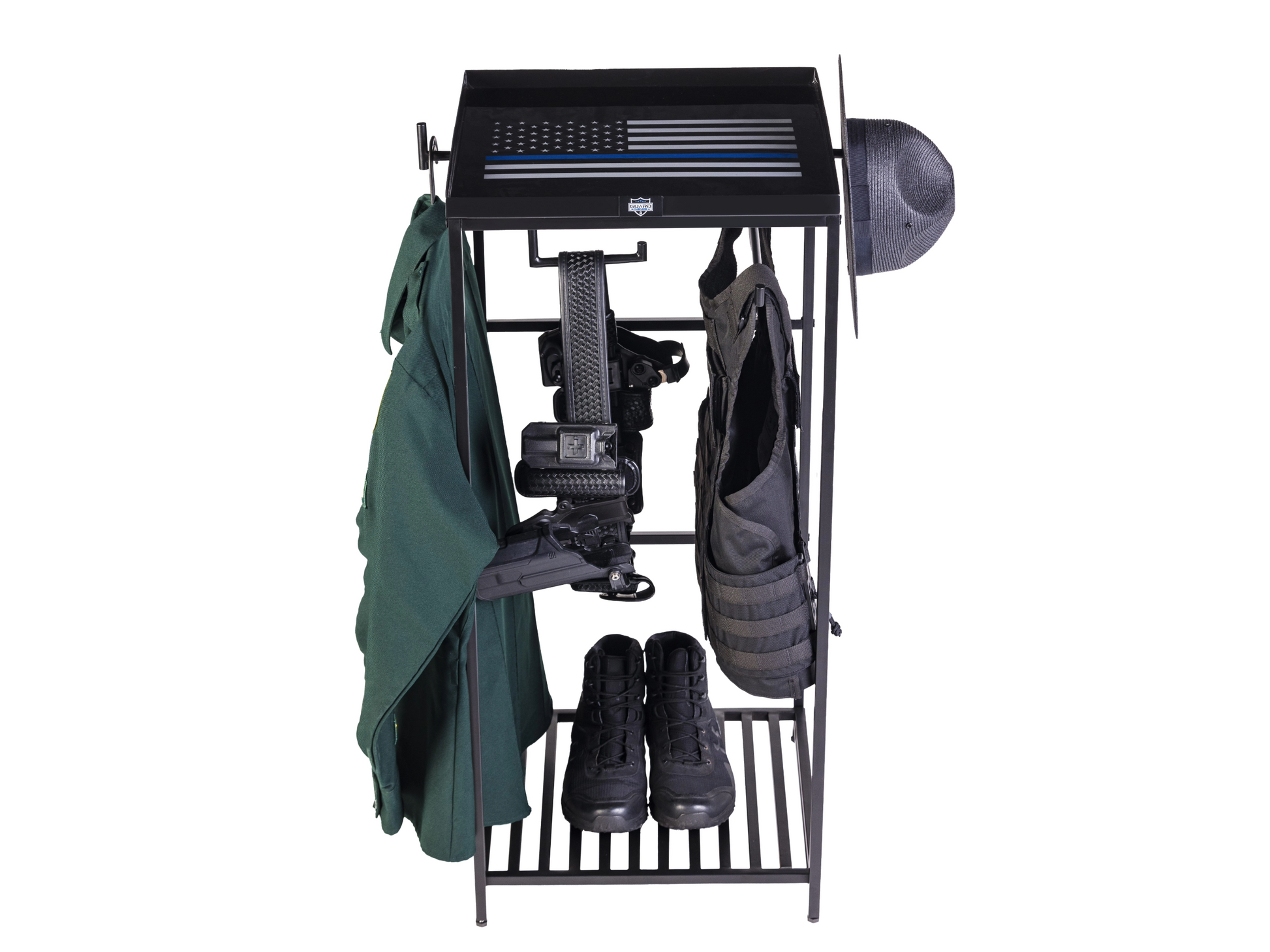 Large police gear rack made for storing law enforcement equipment like duty vest and patrol belt