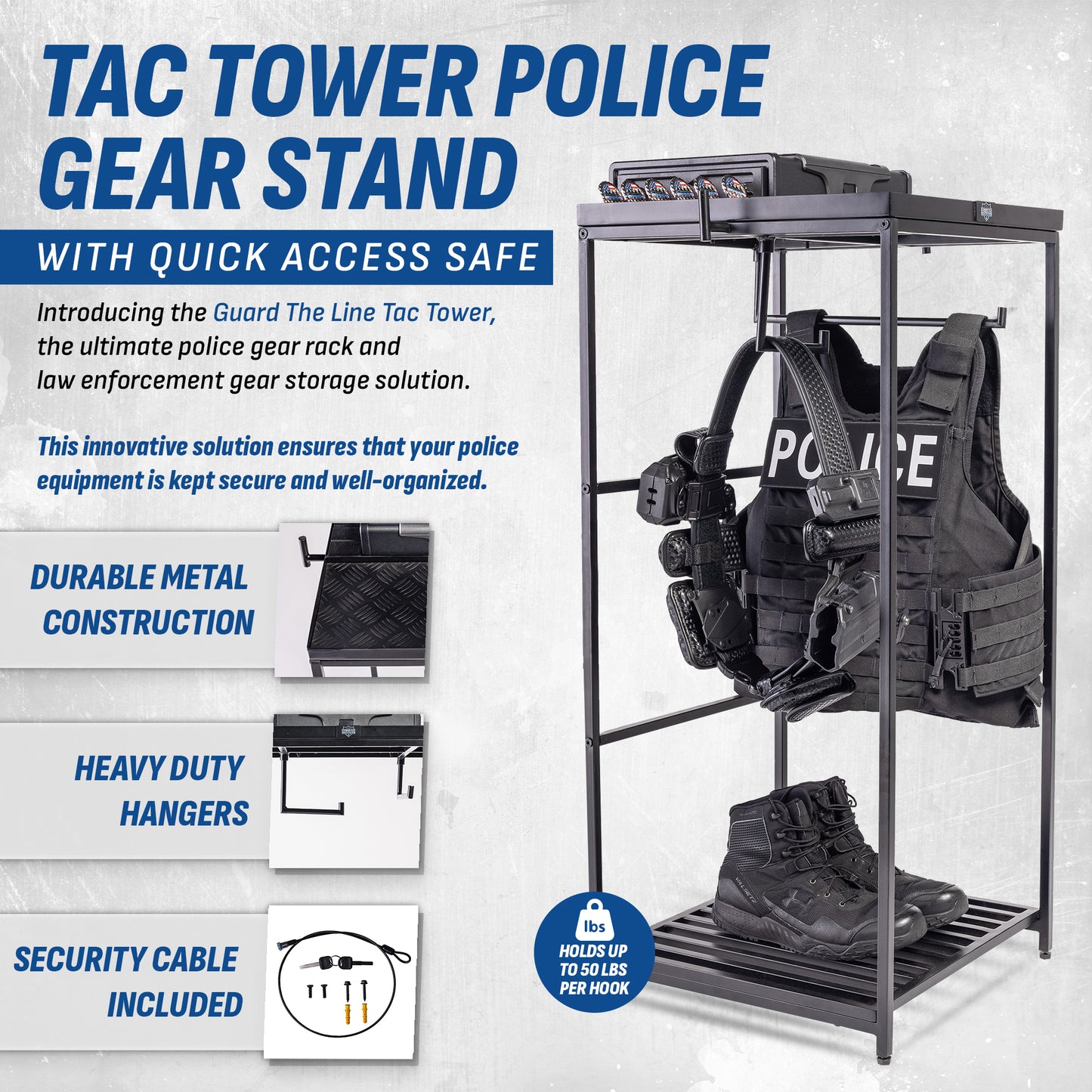 American flag-themed police rack with quick access safe for duty gear.