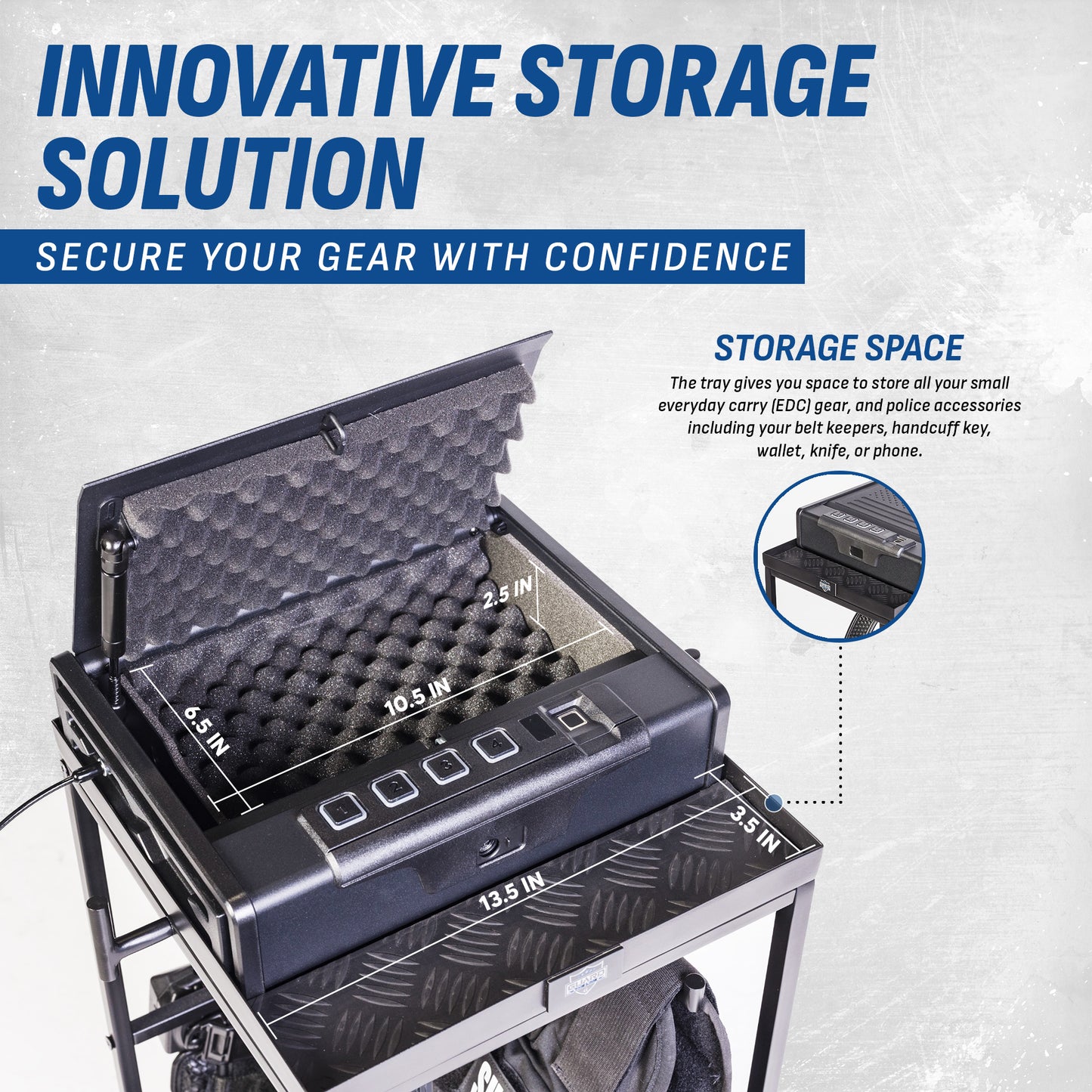 police gear rack with safe for storing duty weapon and tactical gear