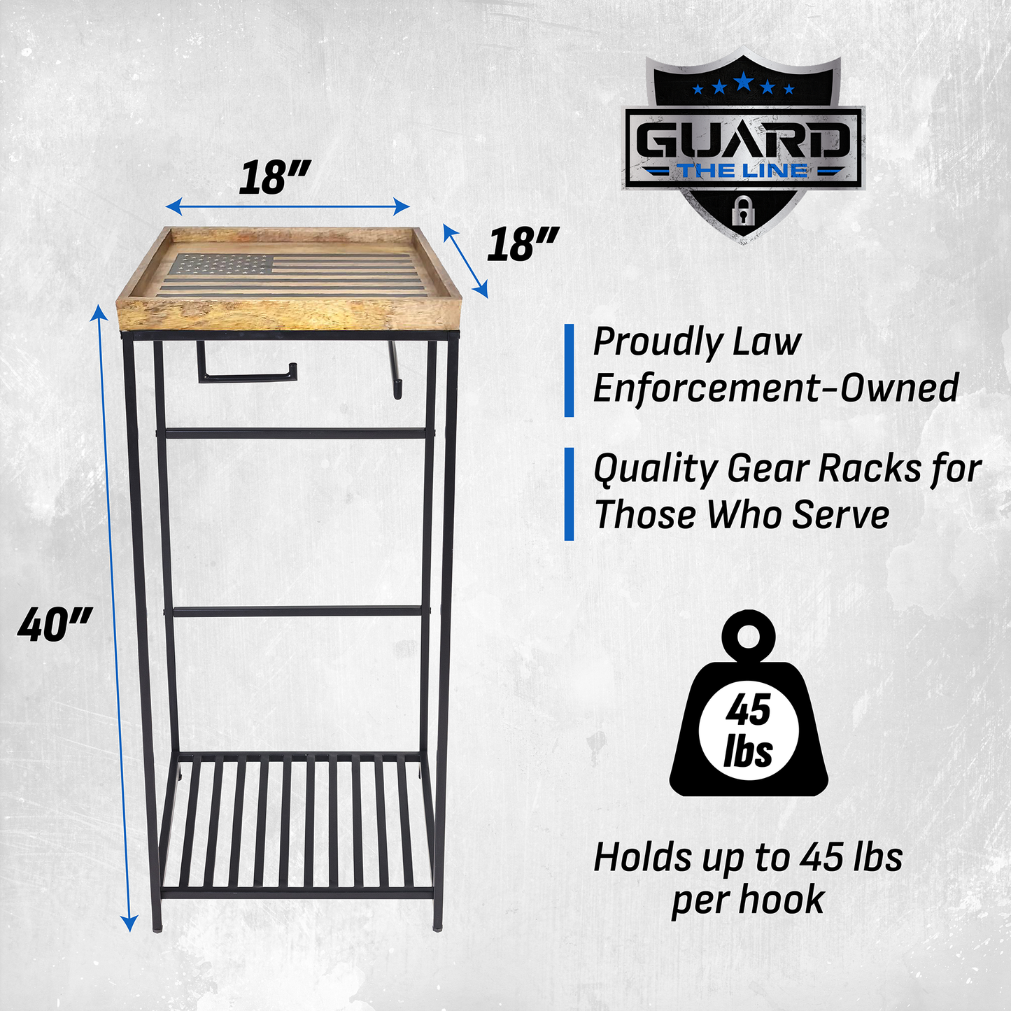 Tactical gear rack storing a police vest and police duty belt on heavy duty hangers.