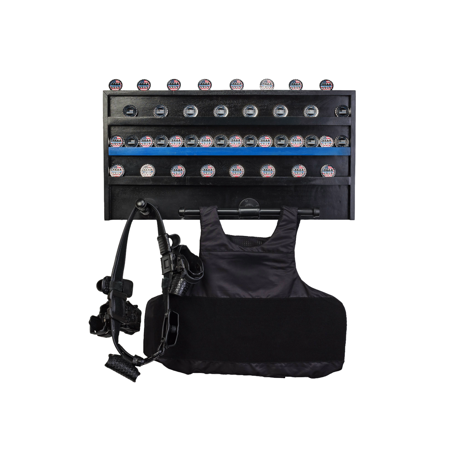 Police gear rack with challenge coin display shelves