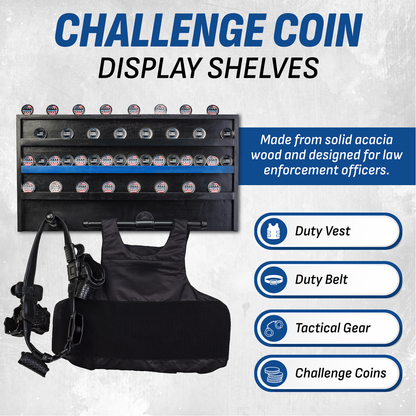 Challenge coin display gear rack with a duty vest and belt on a gray background.