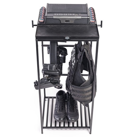 Guard The Line Police Gear Rack with quick access safe and heavy duty hooks for a duty vest and law enforcement belt