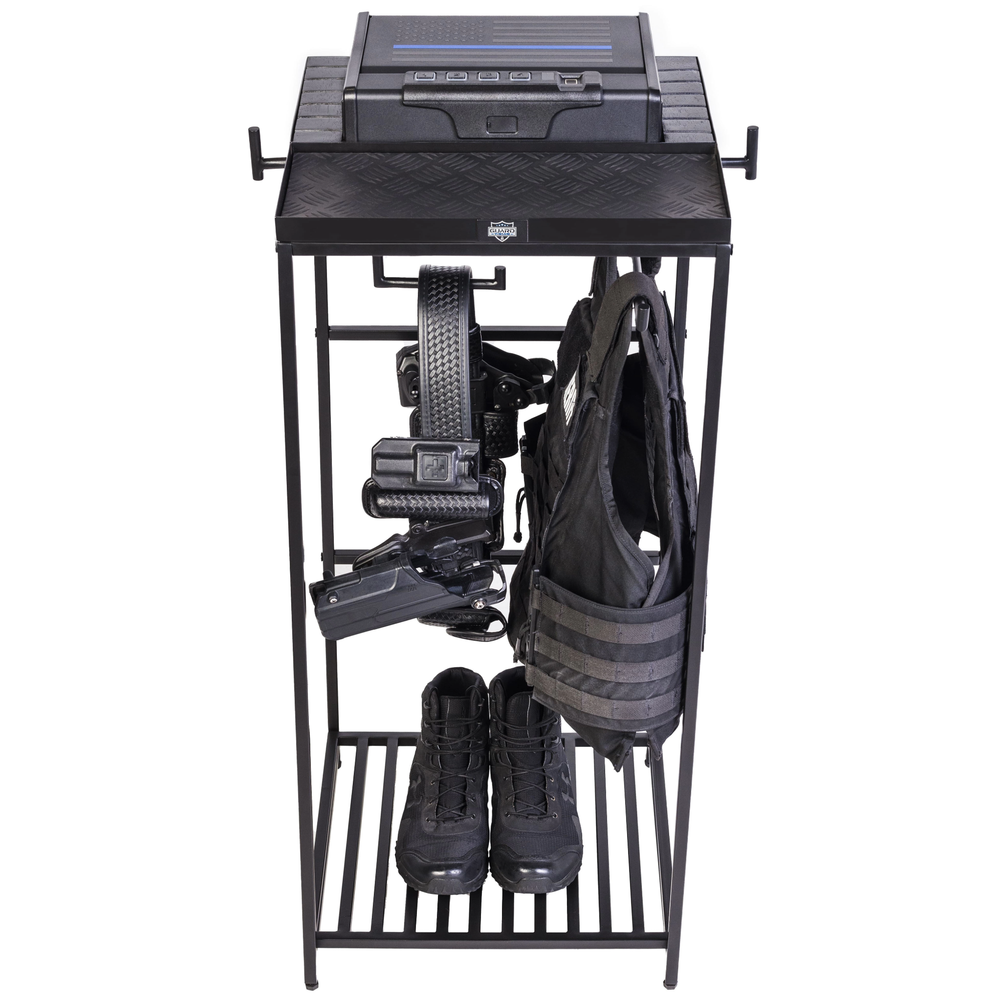 Thin blue line police gear rack with safe. Duty belt hanger with secure storage for law enforcement tools.