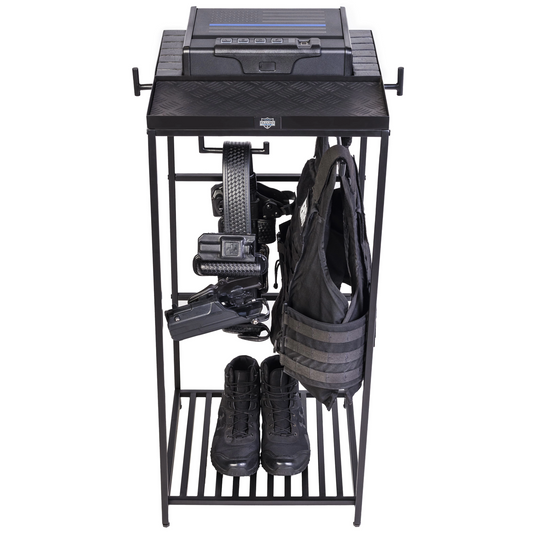Thin blue line police gear rack with safe. Duty belt hanger with secure storage for law enforcement tools.