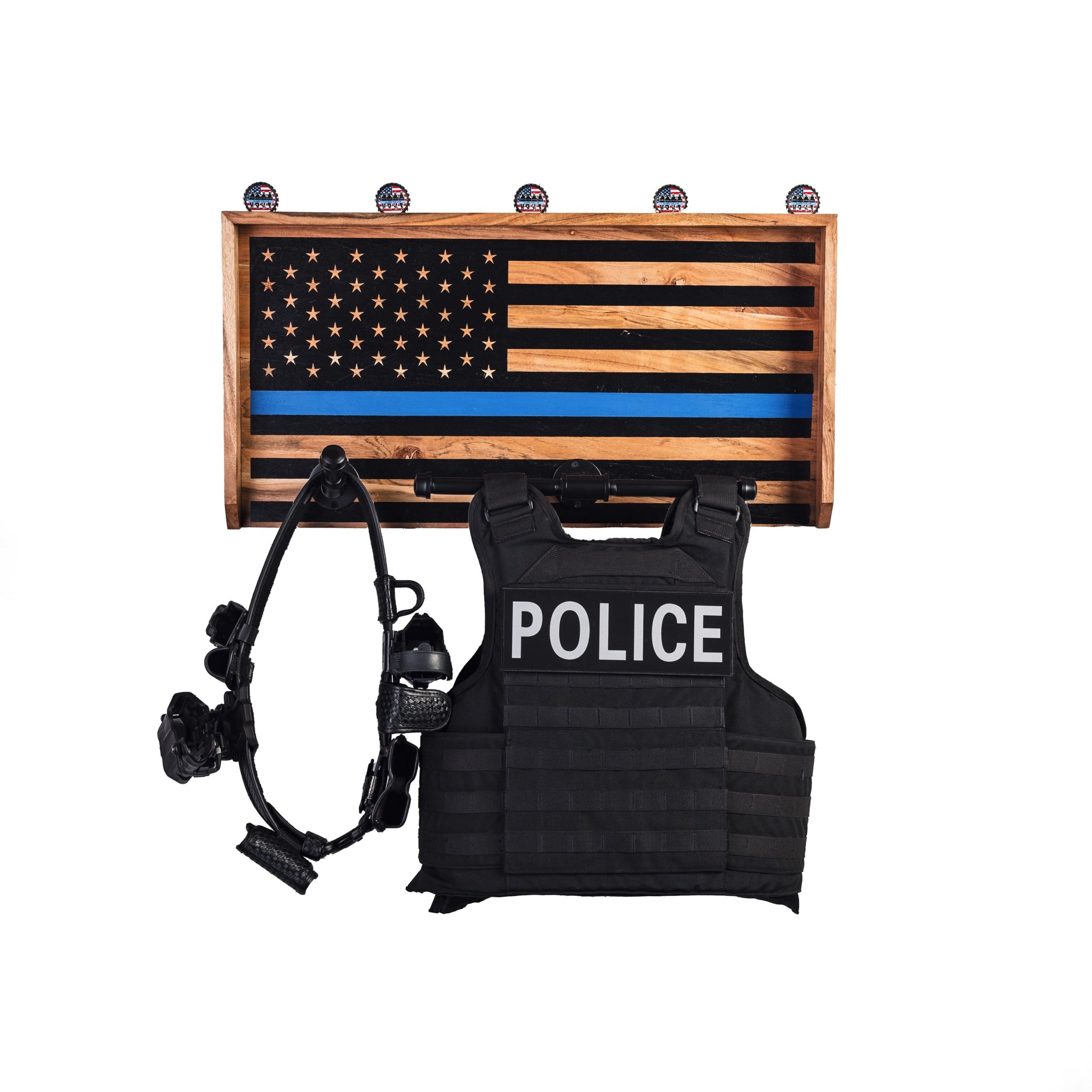 Wall Mounted Tactical Duty Gear Rack with Police Flag – Police Storage  Shelf & Law Enforcement Organizer-Police Gift Decor