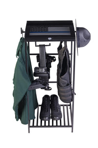 Police gear rack for storing law enforcement and tactical gear.  Able to hold a duty belt, police vest, police uniform, and boots