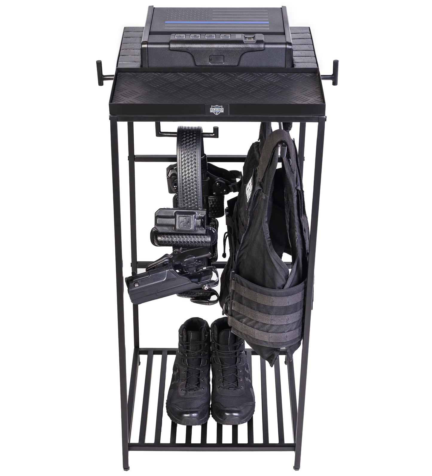 Duty belt hanger with secure storage for law enforcement tools.
