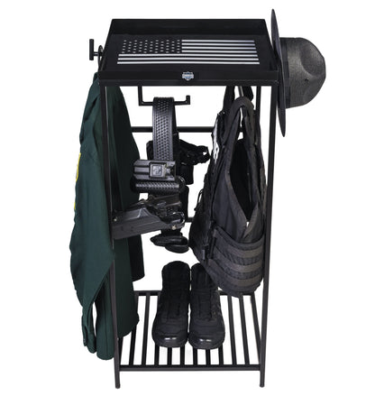 Law enforcement gear rack with American flag artwork and hooks.