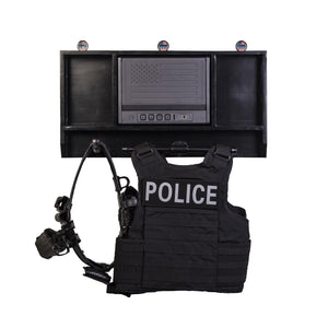 Thin blue line police safe tactical gear rack.  The wall rack can hold a duty belt and duty vest