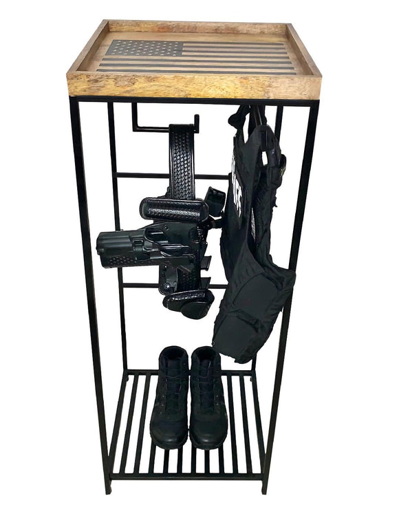 Guard The Line Police Gear Rack with patrol duty belt and law enforcement vest
