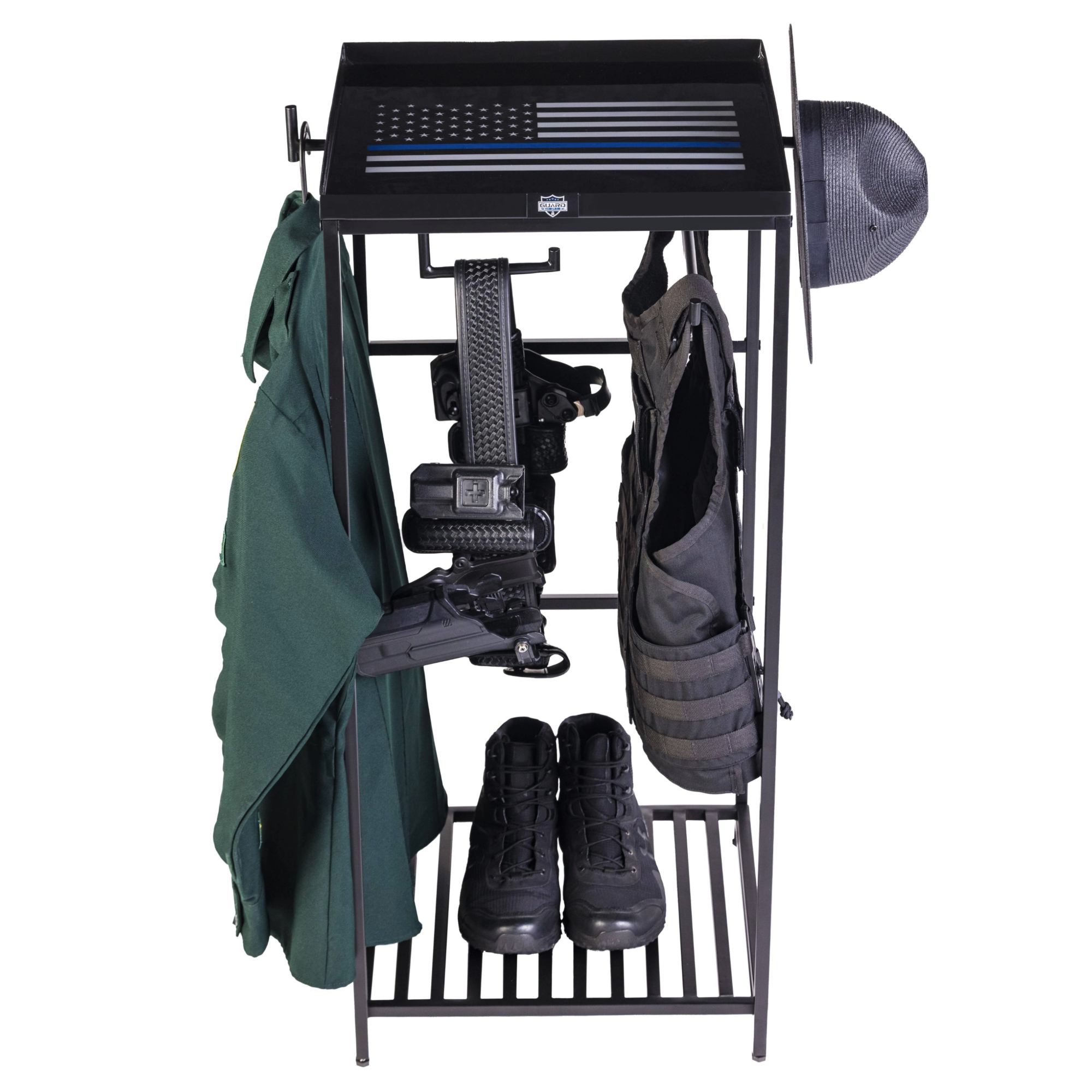 Police gear rack for storing law enforcement and tactical gear.  Able to hold a duty belt, police vest, police uniform, and boots.