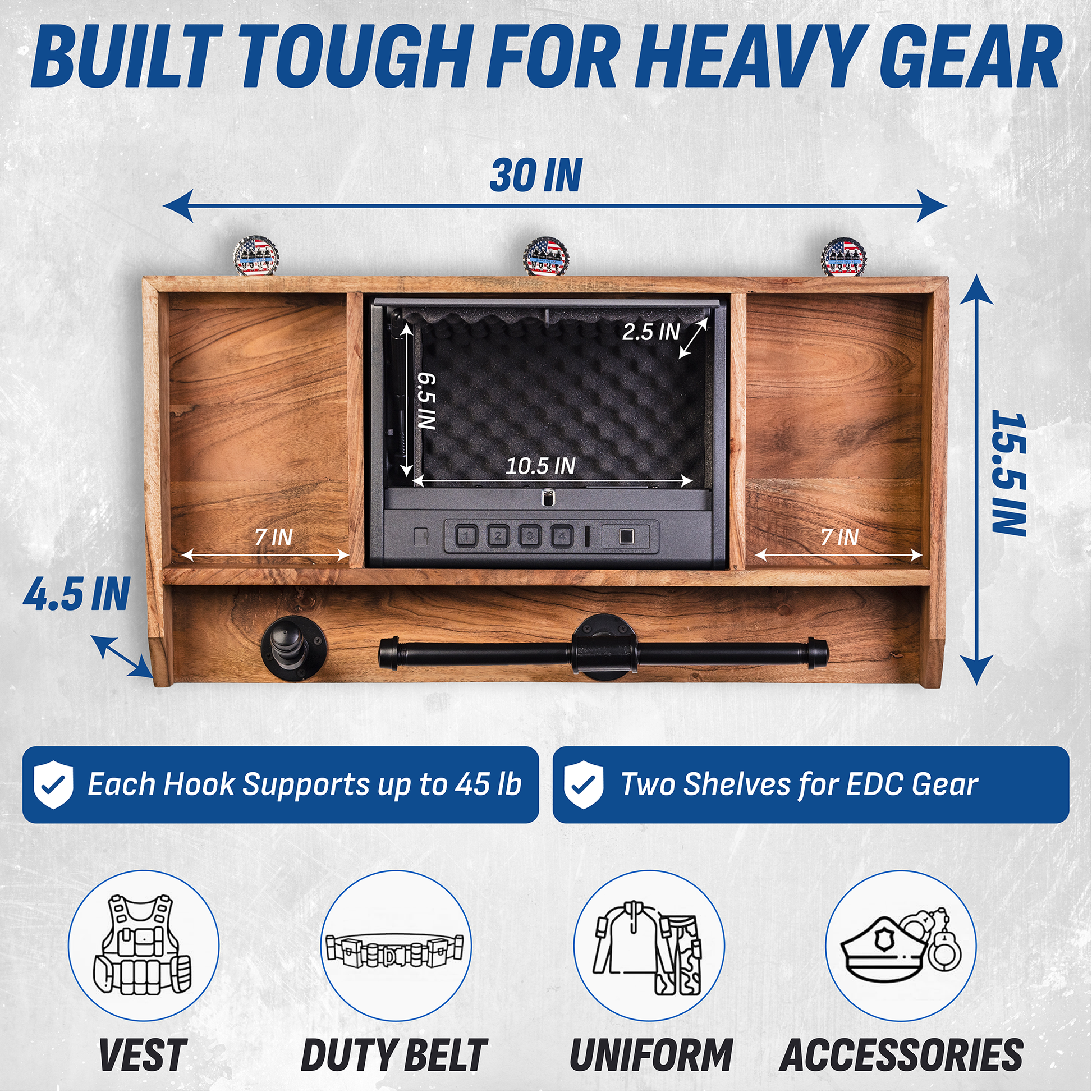Police gear rack with an open safe displaying the dimensions and features.