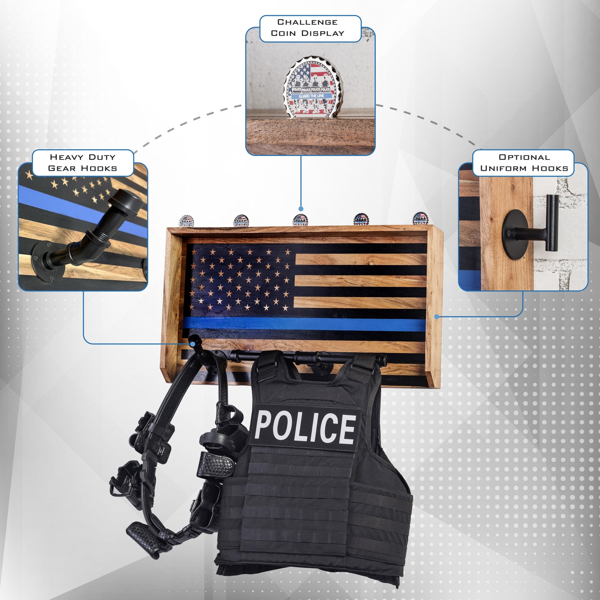blue line gear Guard The Line Police Gear Rack - Law Enforcement And Military Wall Rack Organizer - Duty Vest, Uniform & Plate Carrier Hanger