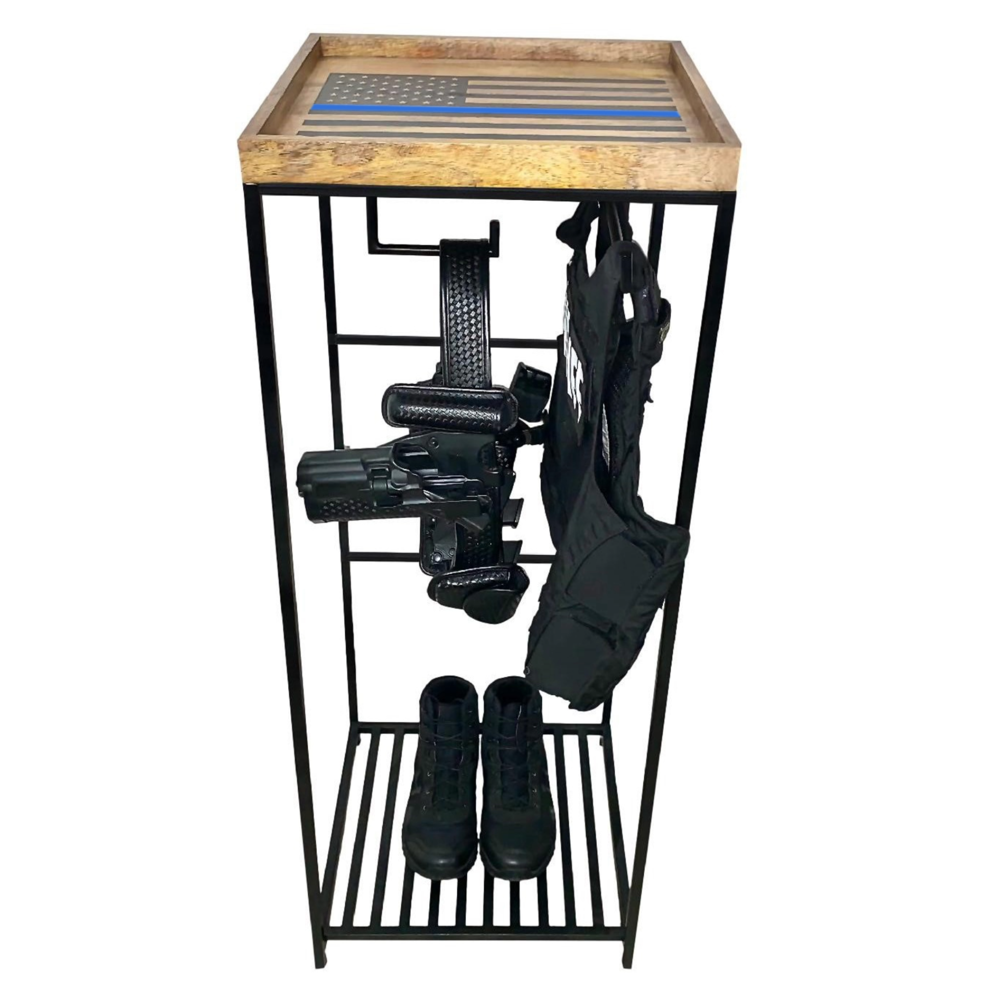 Guard The Line Police Gear Rack with patrol duty belt and law enforcement vest.