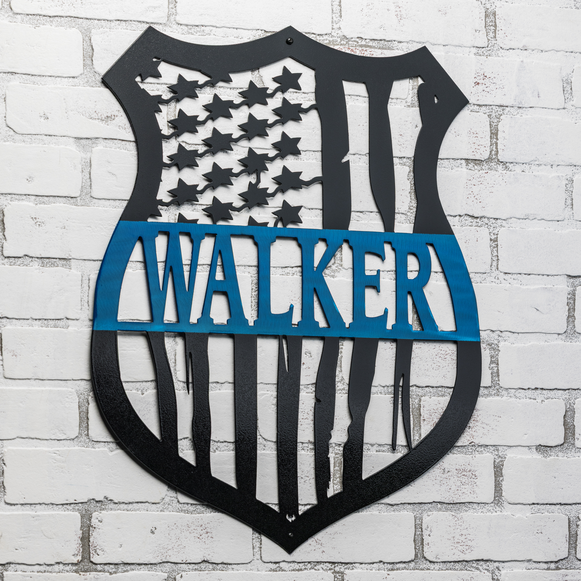 Custom police gift featuring a personalized badge design with metallic American flag wall art