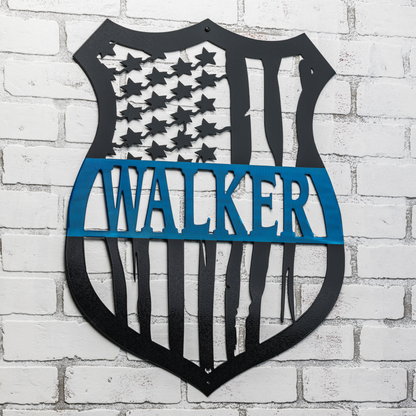 Custom police gift featuring a personalized badge design with metallic American flag wall art