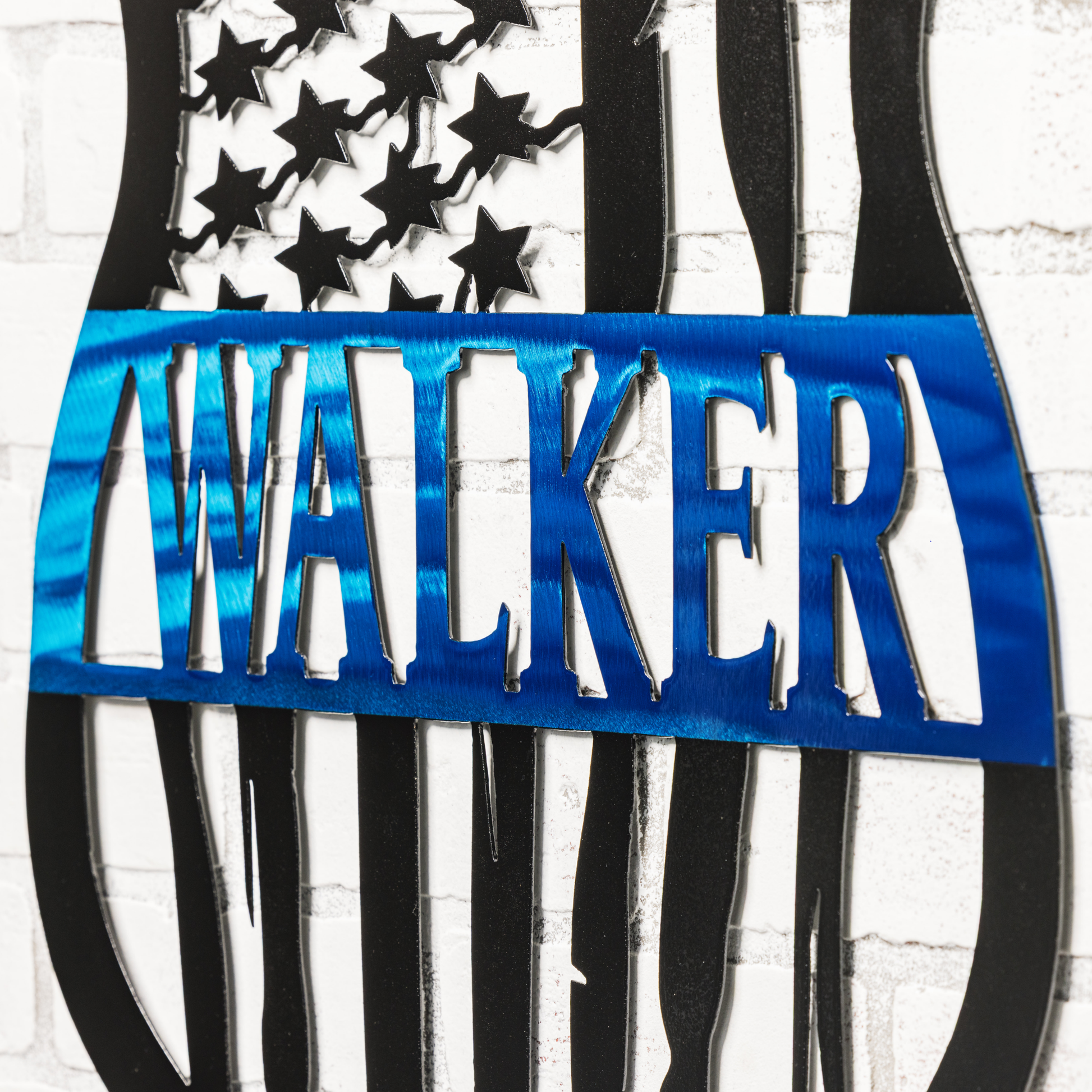Law enforcement wall art with custom name monogram and bold thin blue line American flag design
