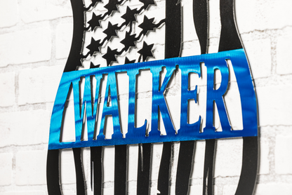 Personalized police gift made from steel with custom badge monogram and American flag police decor