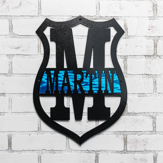 Personalized thin blue line monogram badge sign made from steel with custom police decor styling