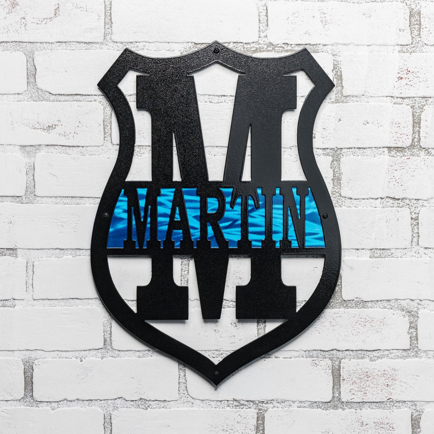 Personalized thin blue line monogram badge sign made from steel with custom police decor styling