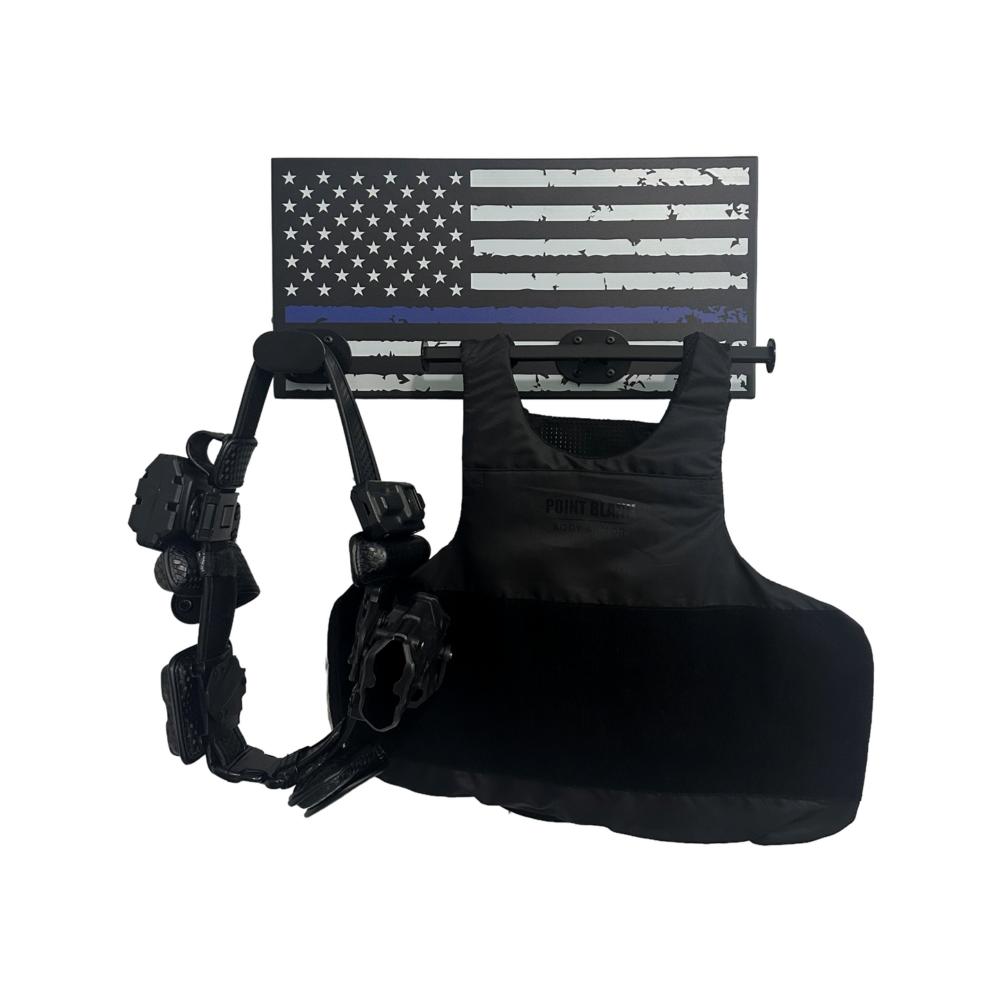 Thin blue line American flag gear rack with duty vest and belt.