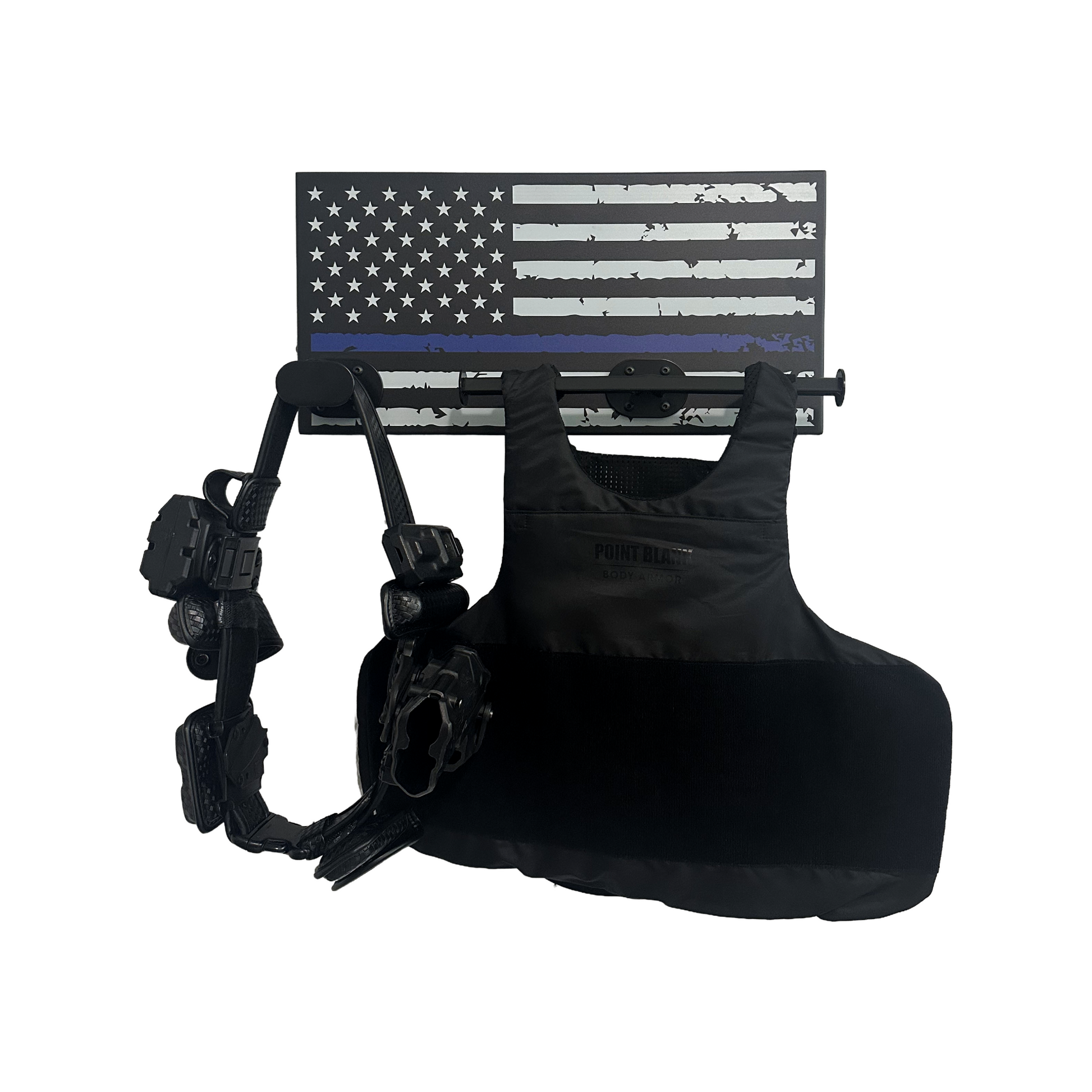 Thin blue line American flag gear rack with duty vest and belt.