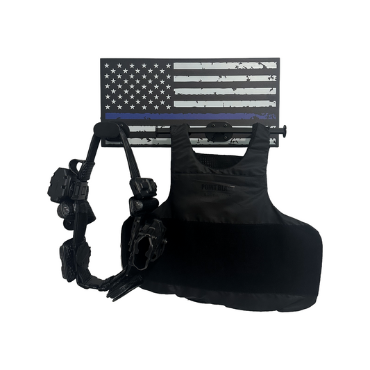 Thin blue line American flag gear rack with duty vest and belt.