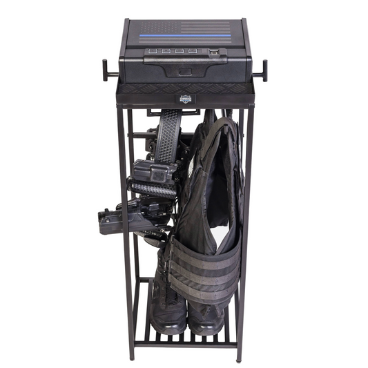 Compact gear stand for police vests and everyday carry items.