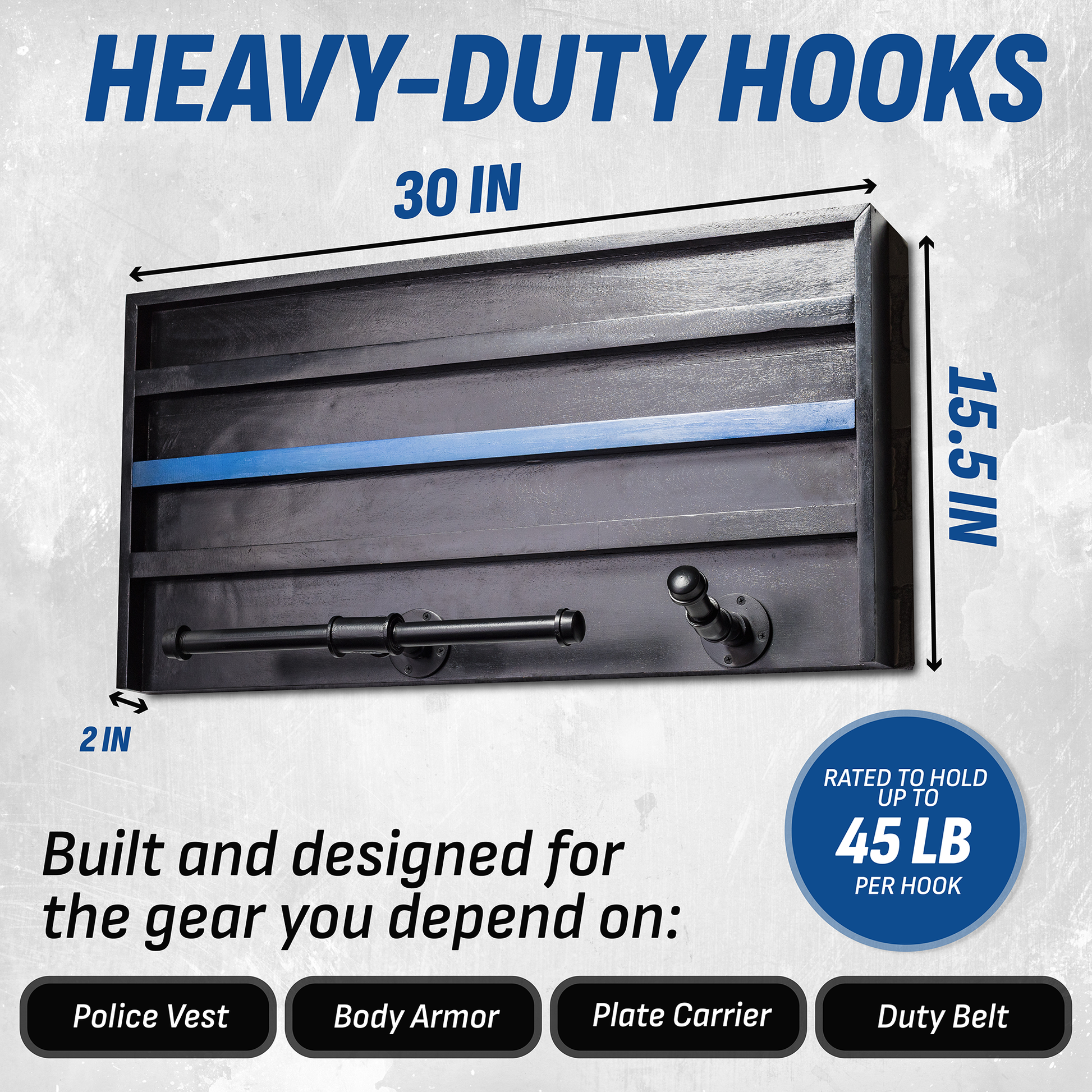Heavy-duty tactical gear rack hooks with dimensions and capacity rating on a textured gray background