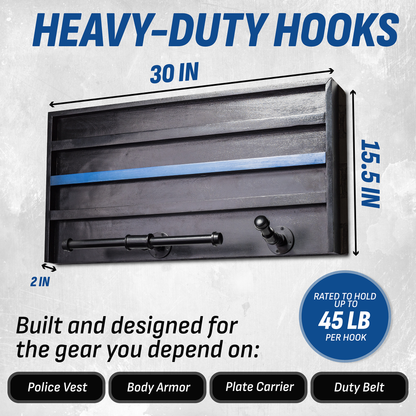 Heavy-duty tactical gear rack hooks with dimensions and capacity rating on a textured gray background