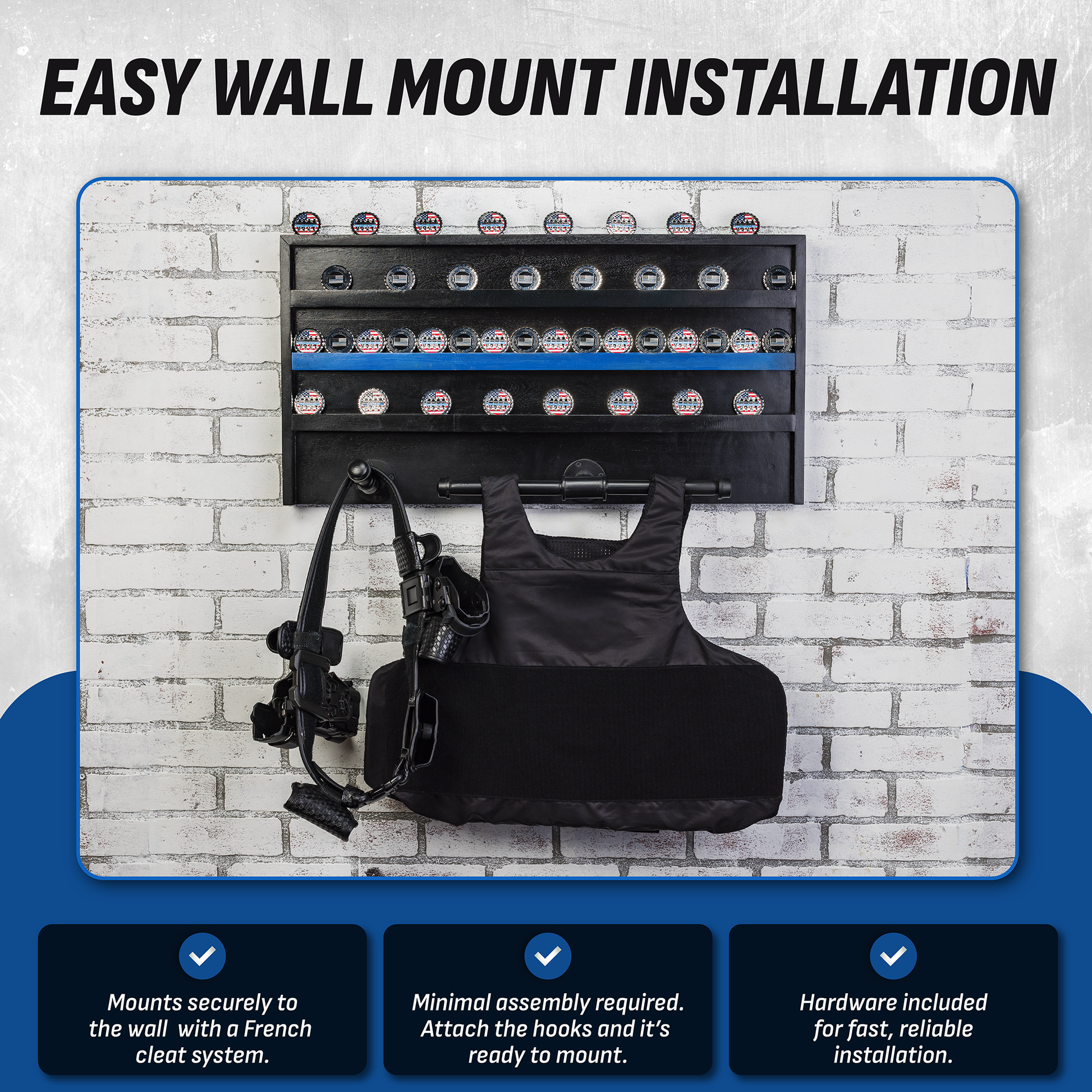 Wall mount police gear rack system with a duty vest and equipment on a white brick wall background
