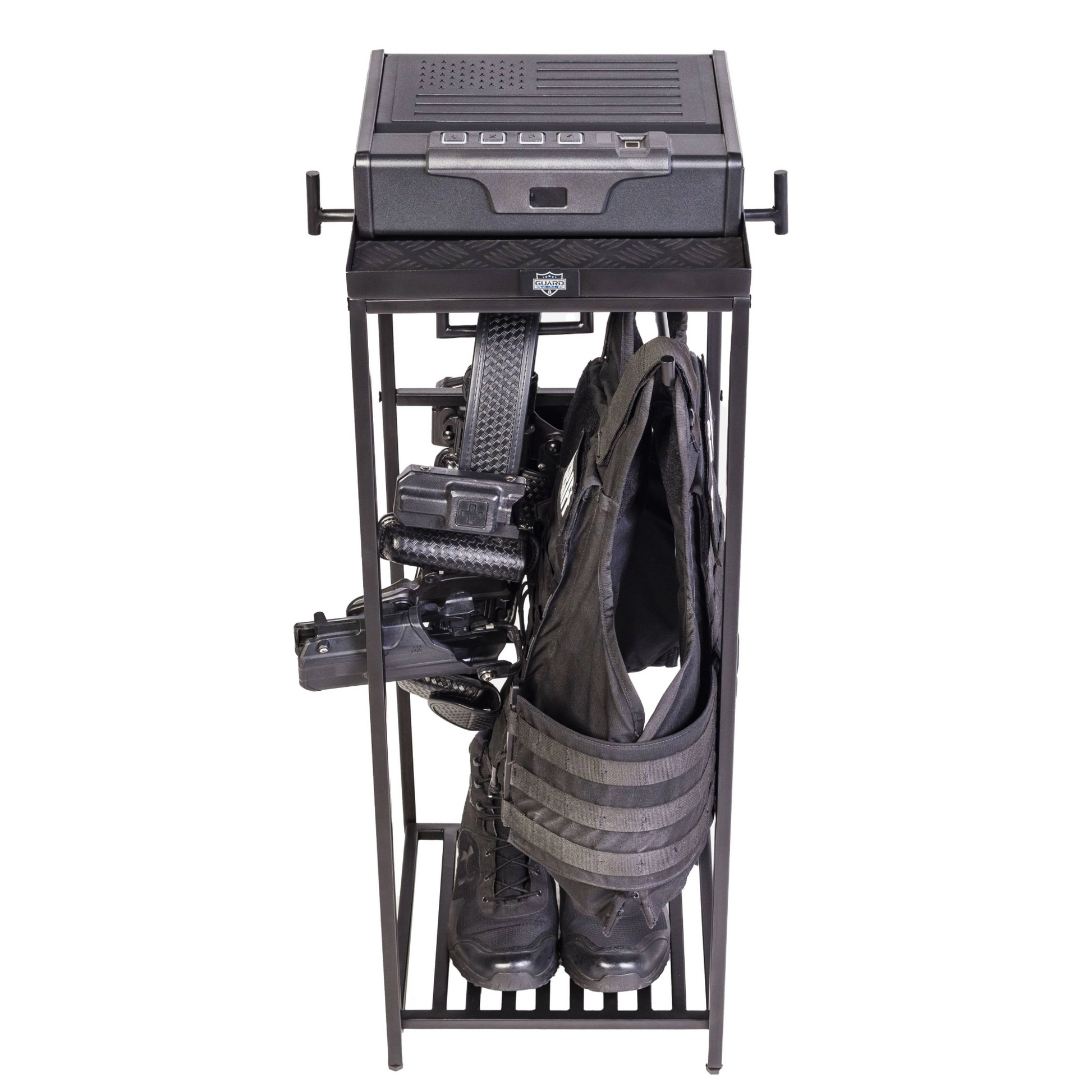 Police gear rack with american flag quick access safe. Stores and displays tactical vest, duty belt, and has uniform hooks.